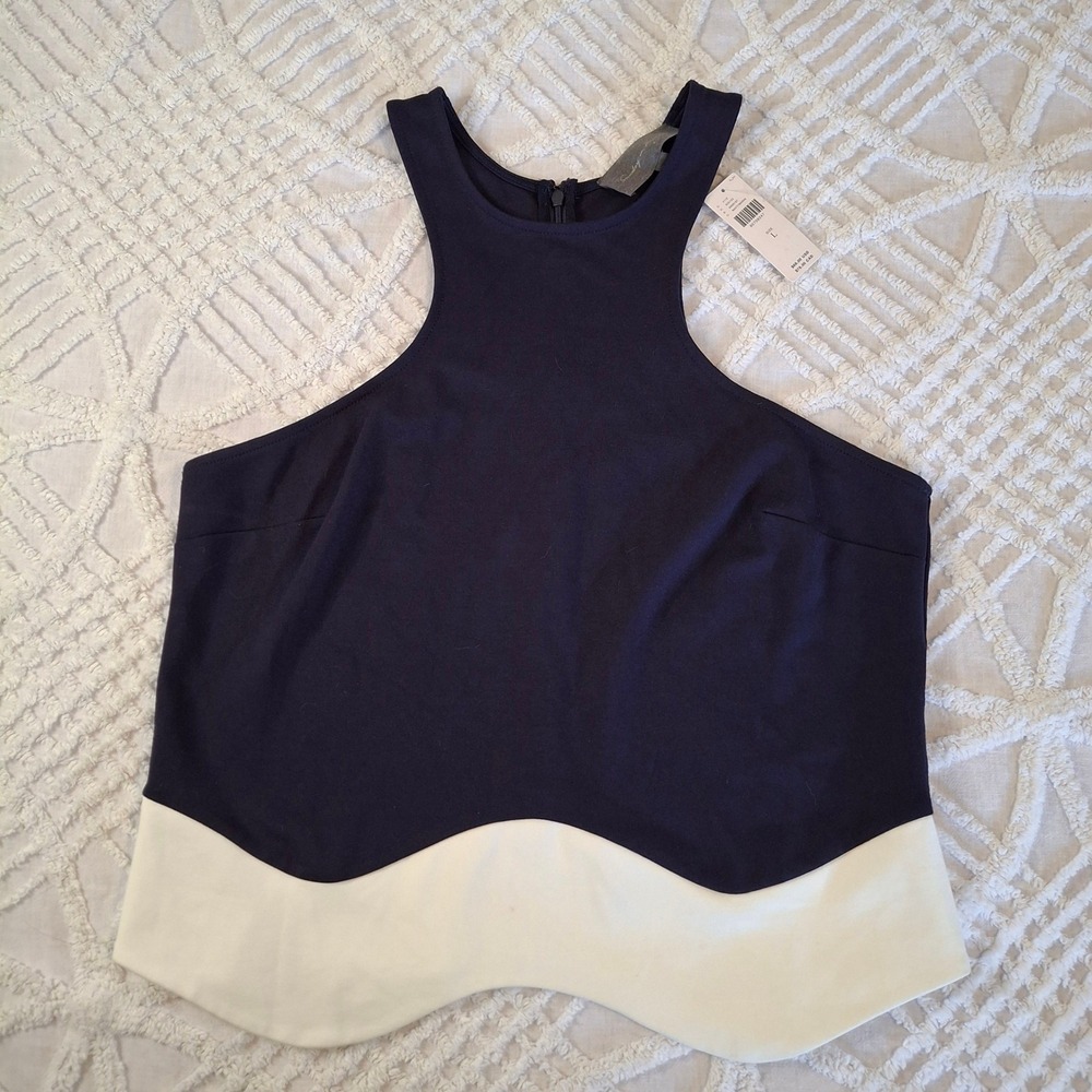 Sunday in Brooklyn Navy‎ White Colorblock Scallop Hem Halter Crop Top Large NWT